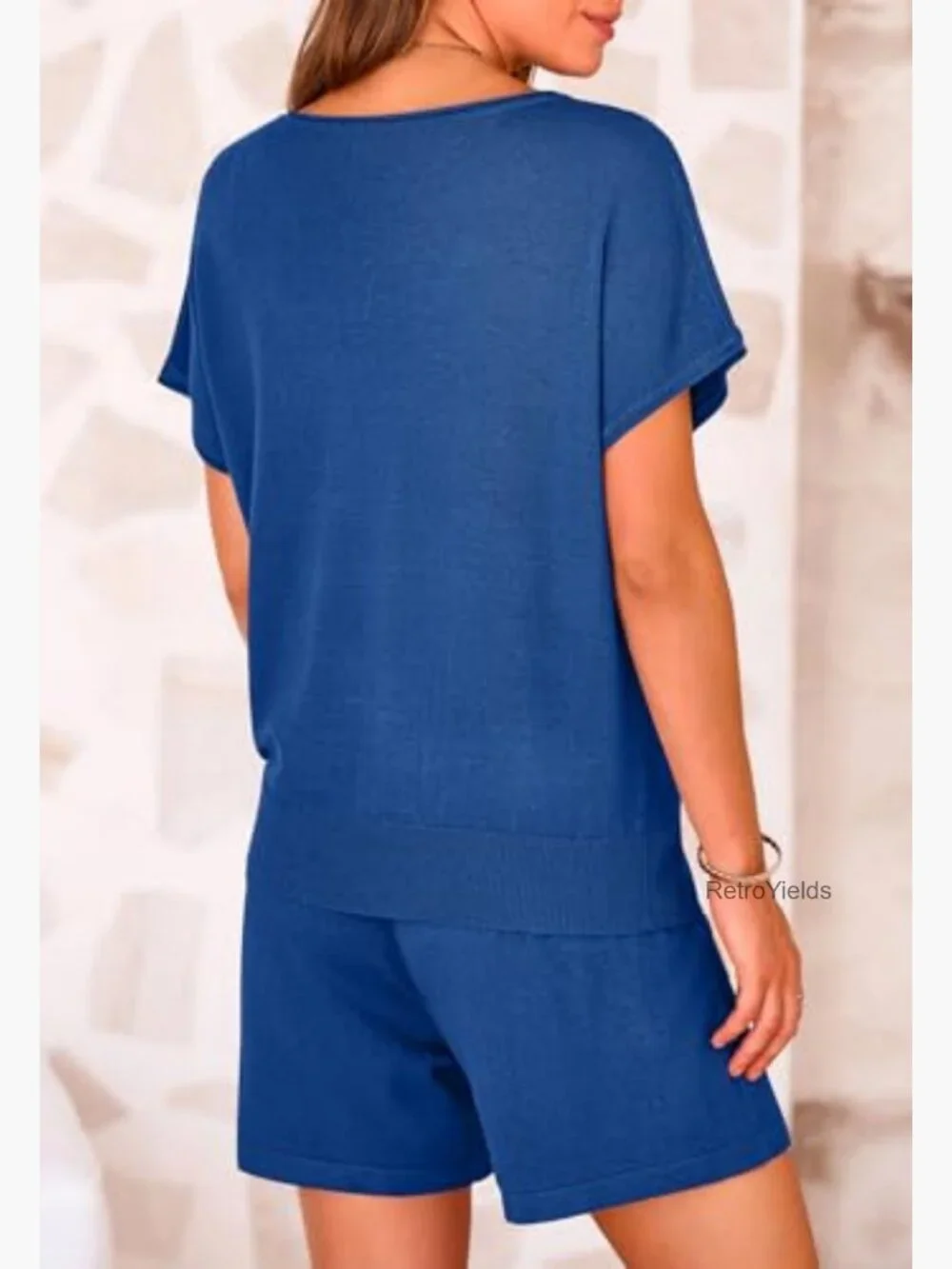 Two Piece Lounge Set Shorts Short Sleeve Top Knitted Matching Travel Vacation